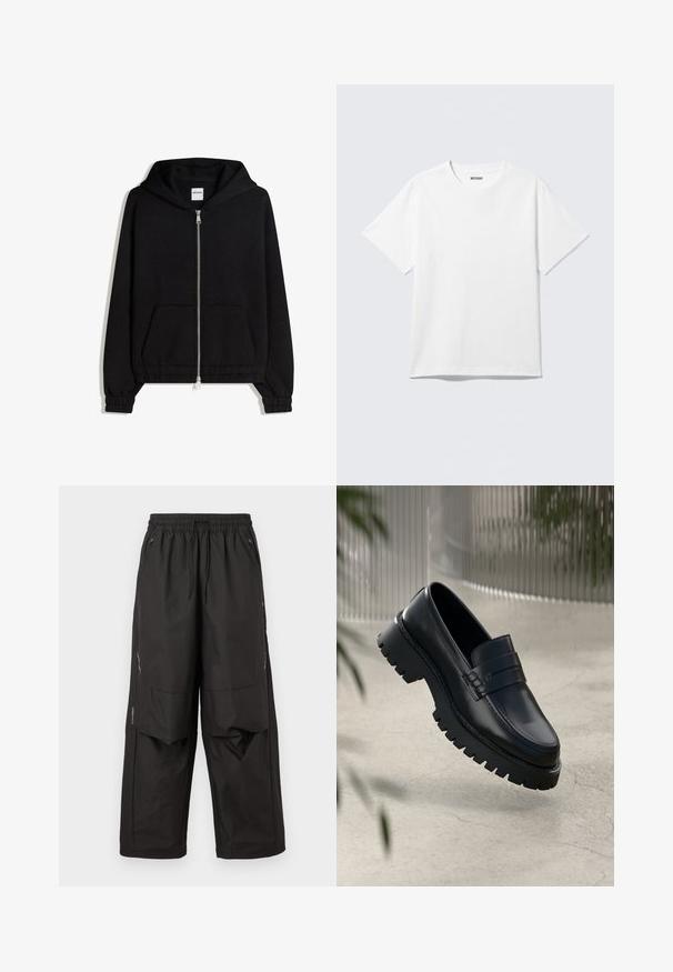 Sweat à capuche noir zippé avec poches avant, poignets et ourlet élastiques, et une petite étiquette visible à l'intérieur de l'encolure.; T-shirt blanc à manches courtes et col rond, étalé à plat, design uni, avec l'étiquette "WEEKDAY" à l'intérieur du col sur un fond clair.; Pantalon ample noir avec taille élastique, poches zippées à l'avant, panneaux aux genoux et détails réfléchissants subtils sur les côtés.; Mocassins en cuir noir avec une semelle à crampons épaisse, dotés d'une sangle décorative et de détails de couture. Texture lisse avec une finition polie.