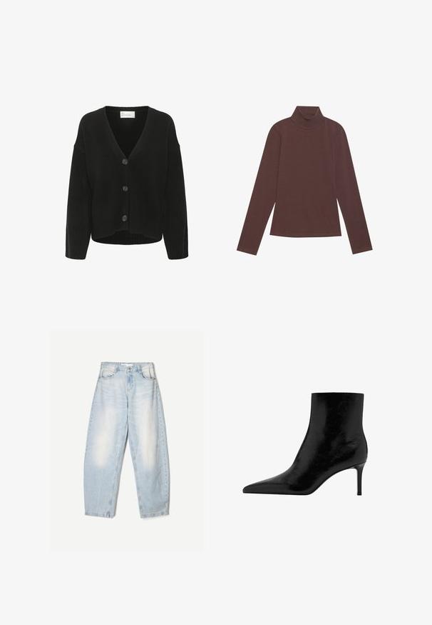 Sort strikket cardigan med V-hals, frontknaplukning og ribstrikkede manchetter. Blød tekstur og afslappet pasform.; Brun turtleneck langærmet top lavet af blødt strikstof. Har en tætsiddende silhuet og minimale syninger.; Lyseblå denimbukser med en loose fit, der har en falmet finish, to forlommer og en knaplukning i taljen.; Sort ankelstøvle med spidse tådesignet, lavet af blank læder. Har en stilettohæl og glat tekstur. Ingen synlige dekorationer.