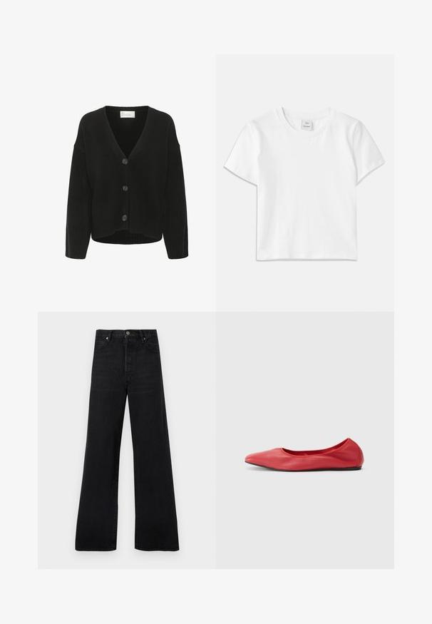 Cardigan noir en tricot avec un col en V, fermeture à boutons sur le devant et poignets côtelés. Texture douce et coupe décontractée.; T-shirt en coton blanc avec un col rond, des manches courtes et un ourlet droit. Étiquette marquée "Won Hundred" au centre de l'encolure.; Jean noir à jambes larges en denim, avec une taille haute, un design à cinq poches et une fermeture par bouton, présentant une texture légèrement délavée.; Filippa K REY FLATS - Ballerines - bright red