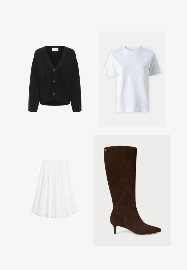Sort strikket cardigan med V-hals, frontknaplukning og ribstrikkede manchetter. Blød tekstur og afslappet pasform.; Hvid bomulds t-shirt med rund halsudskæring, korte ærmer, lige snit og glat tekstur. Ingen mønstre eller dekorationer.; Hvid A-formet nederdel med læg, der går ud fra en bred linning, knælængde og lavet af glat stof.; Brune ruskind knæhøje støvler med spids tå og kitten hæl. Har en glat tekstur og en subtil logo accent på skaftet.