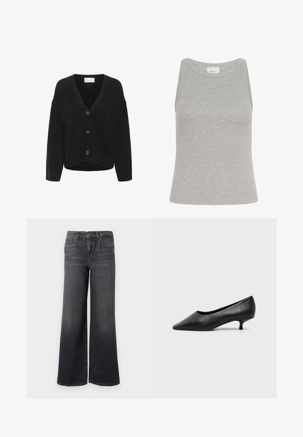 Cardigan noir en tricot avec un col en V, fermeture à boutons sur le devant et poignets côtelés. Texture douce et coupe décontractée.; Débardeur gris côtelé avec un col rond et un design sans manches. Fabriqué en tissu doux, il présente une silhouette ajustée et des coutures minimales.; Jean en denim gris foncé à jambe large avec un dégradé subtil, doté d'une fermeture à bouton, de cinq poches et d'un ourlet droit au niveau de la cheville.; Escarpin femme en cuir noir à petit talon, bout pointu et petit talon kitten sur fond clair uni.