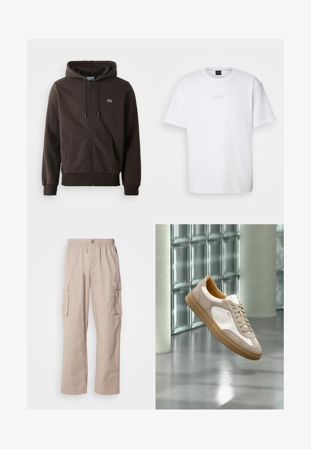 Brun zip-up hoodie lavet af blødt stof, med hætte, to forlommer og et lille grønt krokodillelogo på brystet.; Hvid bomulds T-shirt med korte ærmer, rund halsudskæring og præget "BOSS" logo på brystet. Glat tekstur, standard pasform.; Beige cargo bukser med en afslappet pasform, elastisk talje, knaplukning og sidelommer. Fremstillet af letvægtsmateriale med en glat tekstur.; Beige og hvid sneaker med tan sål og "BOSS" logo, ophængt over en reflekterende glat gulv med glasblokvæg i baggrunden.