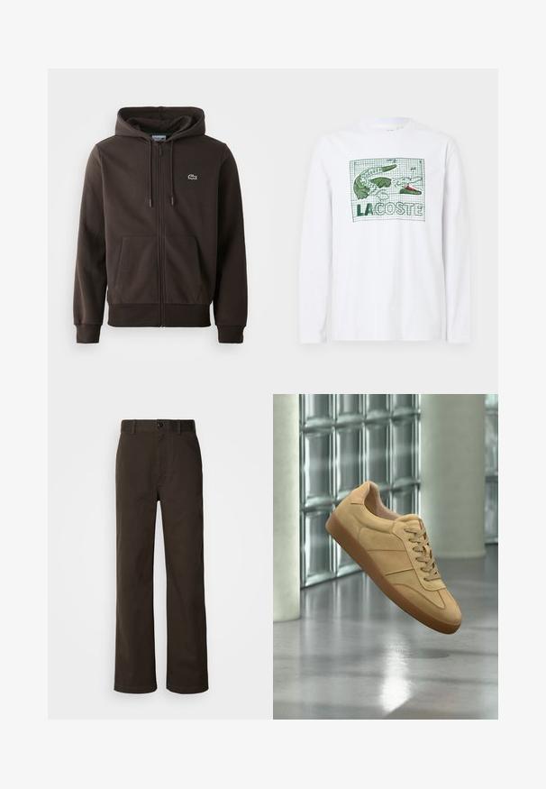 Brauner Reißverschluss-Hoodie aus weichem Material, mit Kapuze, zwei Fronttaschen und einem kleinen grünen Krokodil-Logo auf der Brust.; Weißes Langarm-T-Shirt mit grünem Krokodil und dem Text "LACOSTE", vor einem Gittermuster-Hintergrund. Hergestellt aus Baumwolle, mit glatter Textur.; Braune Baumwollhose mit geradem Bein, ausgestattet mit einem Knopfverschluss, Gürtelschlaufen und minimalen Nähten.; Beiger Veloursleder-Sneaker mit Gummisohle, Schnürdesign, schwebt drinnen auf poliertem Betonboden nahe einer Glassteinwand.