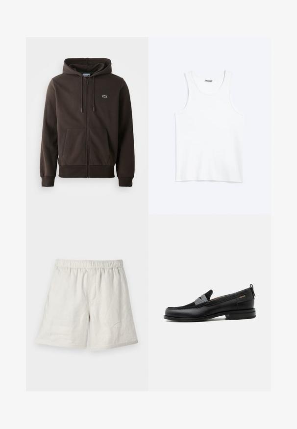 Brun zip-up hoodie lavet af blødt stof, med hætte, to forlommer og et lille grønt krokodillelogo på brystet.; Hvid ærmeløs tanktop med rund halsudskæring og Weekday-mærke på den indvendige baghals, vist fladt på lys baggrund.; Lysbeige linnedshorts med elastisk talje, der har en afslappet pasform og minimale sømme for et simpelt, afslappet design.; Sort læderloafer med grå remdetalje, lav hæl og tekstureret sål, mærket med "HUGO" i guld på siden.