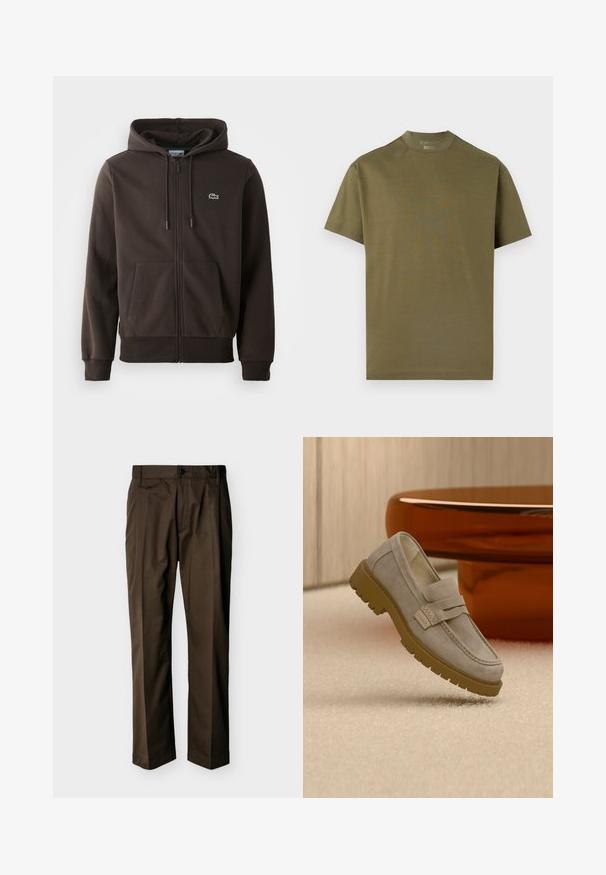 Brun zip-up hoodie lavet af blødt stof, med hætte, to forlommer og et lille grønt krokodillelogo på brystet.; Olivengrøn T-shirt med korte ærmer og rund hals, med subtilt præget Porsche-logo på brystet og BOSS-mærke på kraven.; Brune bukser med lige ben, lukning med knap og lynlås, bæltestropper og frontfold, vist på en ensfarvet baggrund.; Lysegrå ruskind loafers med chunky brun gummisål placeret på beige tæppe foran et sløret brunt rundt bord.