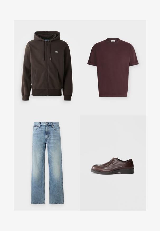 Brun zip-up hoodie lavet af blødt stof, med hætte, to forlommer og et lille grønt krokodillelogo på brystet.; Enkelt mørkebrunt T-shirt med korte ærmer og opkørte manchetter på hvid baggrund, der viser forfra og med rund hals.; Lyseblå denim jeans med lige ben, højt talje, fem lommer, knaplukning og diskrete falmede områder på lår og knæ.; Brune lædersko med rund tå, minimal syning og en solid sort sål. Har snørelukning og en glat overflade.