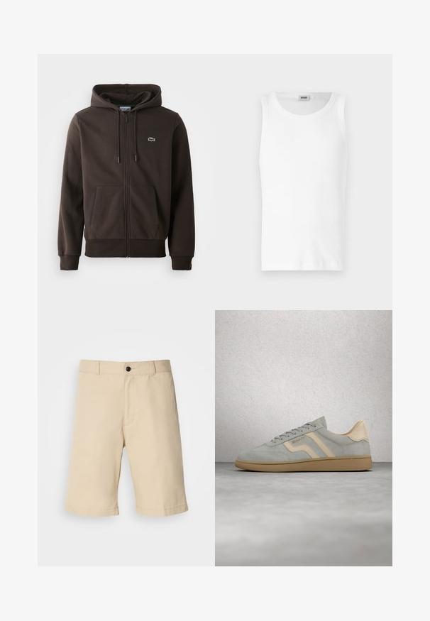 Brun zip-up hoodie lavet af blødt stof, med hætte, to forlommer og et lille grønt krokodillelogo på brystet.; Hvid bomulds tanktop uden ærmer med rund halsudskæring og en glat tekstur. Enkel design, ingen mønstre eller accenter.; Beige shorts lavet af letvægtsstof, med flad front, standard talje med knaplukning og lige afslutning.; Lysegrå ruskindsneaker med beige accenter og gummisål, svævende over poleret betongulv nær væg af glasblokke.