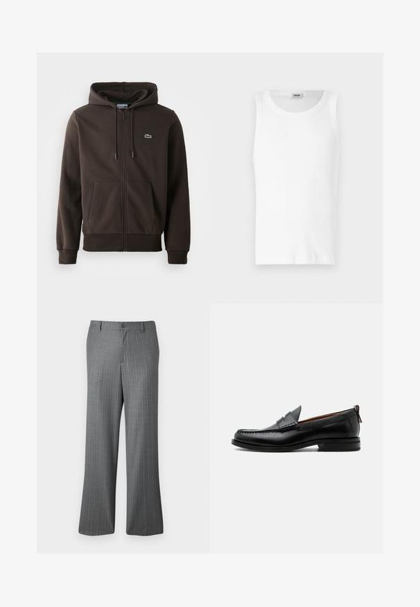 Brauner Reißverschluss-Hoodie aus weichem Material, mit Kapuze, zwei Fronttaschen und einem kleinen grünen Krokodil-Logo auf der Brust.; Weißes Baumwoll-Tanktop ohne Ärmel mit Rundhalsausschnitt und glatter Textur. Einfaches Design, ohne Muster oder Akzente.; Grau gestreifte Hose mit lockerem Schnitt, ausgestattet mit einem Knopfverschluss, Gürtelschlaufen und dezenten hellblauen Streifen.; Schwarzer Leder-Herrenschuh mit Mokassinnaht, Penny-Riemen, strukturiertem Kragen und niedrigem gestapeltem Absatz auf weißem Hintergrund.