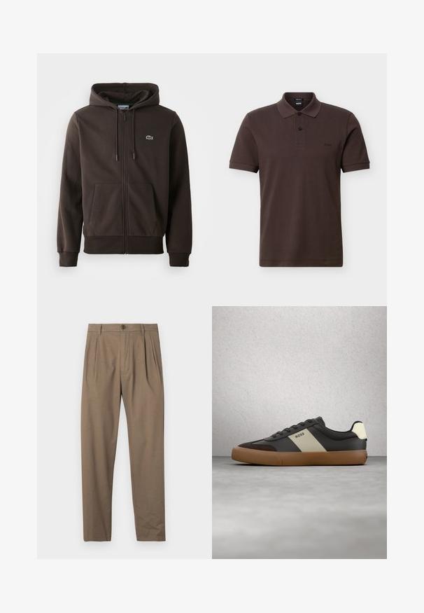 Brauner Reißverschluss-Hoodie aus weichem Material, mit Kapuze, zwei Fronttaschen und einem kleinen grünen Krokodil-Logo auf der Brust.; Braunes Polohemd mit kurzen Ärmeln, Kragen, zwei Knöpfen und kleinem, gesticktem "BOSS"-Logo auf der linken Brust.; Braune plissierte Hose aus weichem Material, mit einem Front-Reißverschluss und Knopfverschluss, geradem Bein-Design und glatter Oberfläche.; Schwarzer und brauner Sneaker mit beigem Streifen und "BOSS"-Logo, schwebt über grauem Betonboden vor Glasbausteinwand.