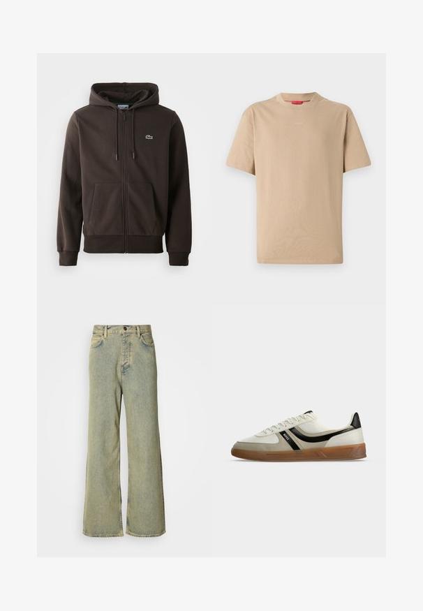 Brauner Reißverschluss-Hoodie aus weichem Material, mit Kapuze, zwei Fronttaschen und einem kleinen grünen Krokodil-Logo auf der Brust.; Beige Baumwoll-T-Shirt mit kurzen Ärmeln, Rundhalsausschnitt und dezentem "HUGO"-Logo in der Mitte. Angenehme Textur, legerer Schnitt.; Weite Jeans aus hellblauem Denim, mit hohem Bund, klassischem Five-Pocket-Design und Knopfverschluss vorne.; Niedrigprofiliger weißer und beiger Sneaker mit schwarzem Streifendetail, brauner Gummisohle und BOSS-Logo an der Seite, fotografiert vor weißem Hintergrund.