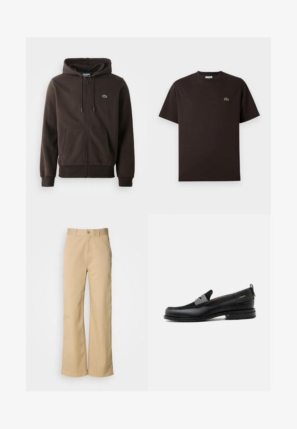 Brun zip-up hoodie lavet af blødt stof, med hætte, to forlommer og et lille grønt krokodillelogo på brystet.; Brun T-shirt med korte ærmer lavet af bomuld. Har et diskret grønt broderet krokodillelogo på venstre bryst. Klassisk crew neck design.; Beige, vidde bukser lavet af en bomuldsblanding. Har en knaplukning og bæltestropper. Glat tekstur med minimale syninger.; Sort læderloafer med grå remdetalje, lav hæl og tekstureret sål, mærket med "HUGO" i guld på siden.