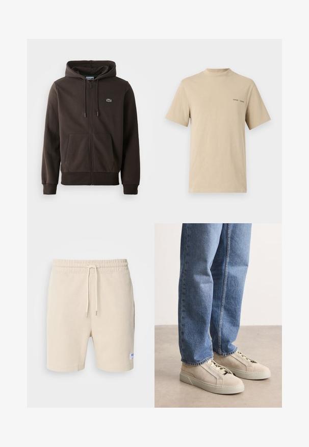 Brun zip-up hoodie lavet af blødt stof, med hætte, to forlommer og et lille grønt krokodillelogo på brystet.; Beige bomulds t-shirt med rund halsudskæring og korte ærmer. Har en diskret sort "SAMSOE" tekstlogo på brystet.; Cremefarvede shorts lavet af tekstureret stof. Har en elastisk talje med snor og sidelommer. Lille mærke på kanten.; BOSS GARYTENN_SDHDEL - Sneakers - natural ten