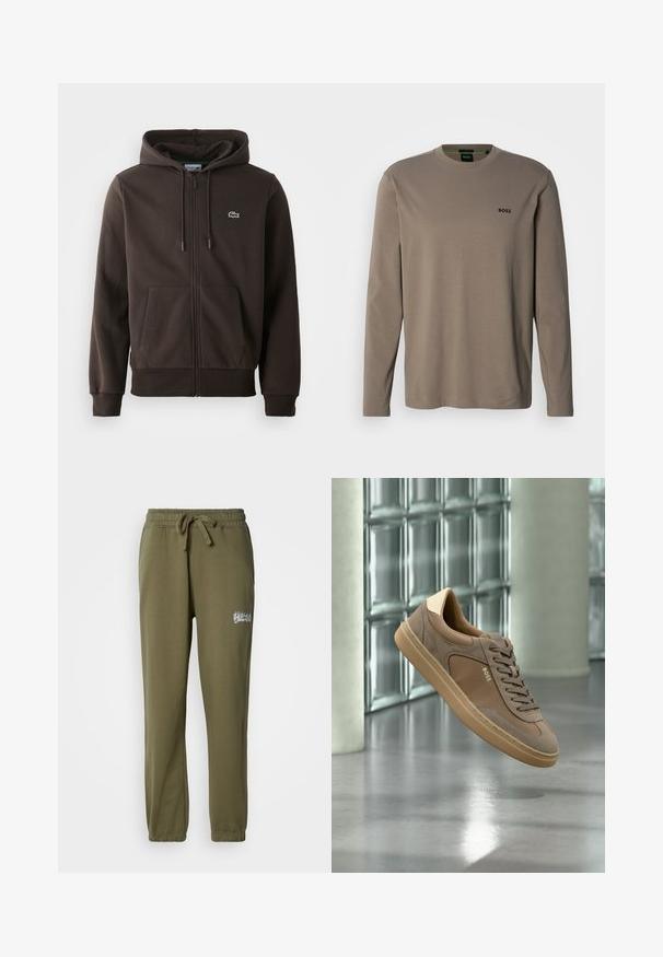 Brun zip-up hoodie lavet af blødt stof, med hætte, to forlommer og et lille grønt krokodillelogo på brystet.; Langærmet skjorte i lys taupe bomuld med rund hals; har en lille sort "BOSS"-logo på brystet. Glat, blød tekstur.; Oliven grønne sweatpants lavet af blødt stof, med en elastisk talje og snøre samt et lille broderet logo foran.; Beige casual sneaker med snørebånd og "BOSS"-logo, som svæver over en poleret betongulv med glasblokvæg i baggrunden.