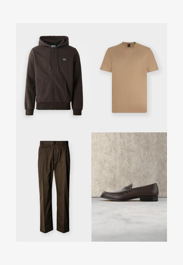 Brun zip-up hoodie lavet af blødt stof, med hætte, to forlommer og et lille grønt krokodillelogo på brystet.; Kortærmet T-shirt med rund hals i tan med lille hvid "BOSS"-logo på venstre bryst, vist på en ensfarvet lys baggrund.; Brune bukser med lige ben, lukning med knap og lynlås, bæltestropper og frontfold, vist på en ensfarvet baggrund.; Brune læderloafers med en glat overflade, rund tå, hævet syning og en lav blokhæl. Elegant, minimalistisk design.