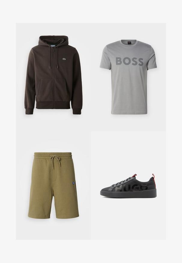 Brun zip-up hoodie lavet af blødt stof, med hætte, to forlommer og et lille grønt krokodillelogo på brystet.; Grå T-shirt med korte ærmer og rund hals, med stort "BOSS"-tryk over brystet og et lille "BOSS"-mærke inde i halsudskæringen.; Khaki atletiske shorts lavet af blød bomuldsblanding, med elastisk talje med snøre, sidelommer og et logo-patch.; Sort lavtop sneakers med sort sål, sorte snørebånd, røde trækfaner og stor sort "HUGO" tekst på siden.