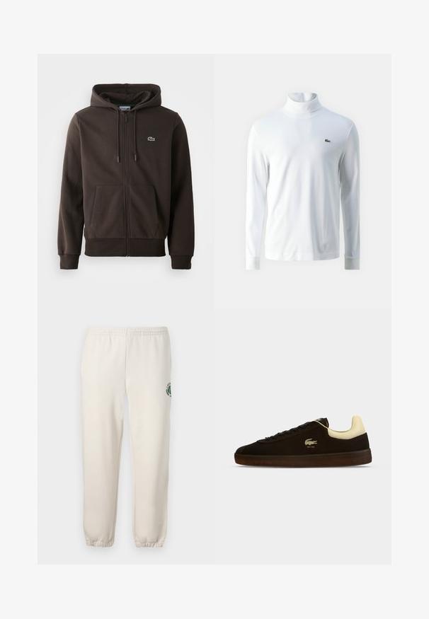 Bruine zip-up hoodie van zacht materiaal, met een capuchon, twee voorzakken en een klein groen krokodillenlogo op de borst.; Witte lange mouw turtleneck shirt van zachte stof, met een klein groen geborduurd logo op de borst en aansluitende manchetten.; Lichtbeige sweatpants van katoen, met een elastische tailleband, geribde boorden en een groen logo met een bladerenontwerp op het linkerpand.; Zwarte lage sneaker met crème gevoerde kraag, donkerbruine zool, zwarte veters en een klein lichtgroen krokodillenlogo aan de zijkant.