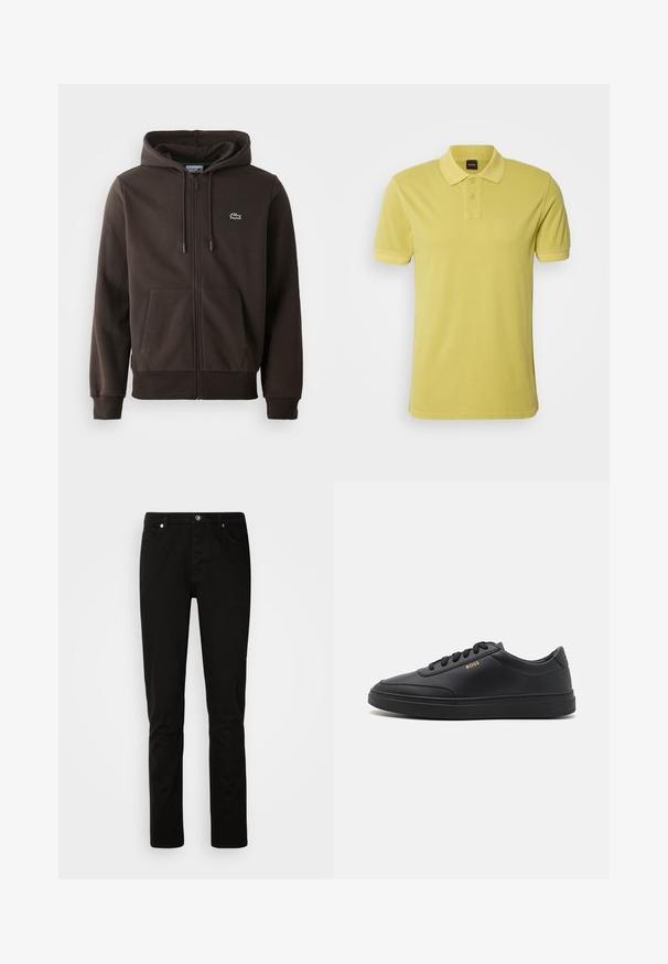 Pruun tõmblukuga kapuutsiga pluus, mis on valmistatud pehmest kangast. Pluusil on kapuuts, kaks esimest taskut ja rinnal väike roheline krokodillilogo.; BOSS PRIME - Polosärk - bright yellow; Mustad sirge lõikega teksapüksid ees nööbi ja tõmblukuga, ees- ja tagataskudega, esitatud ühetoonilisel heledal taustal.; Mustad nahkspordijalatsid siledast materjalist, ümarate varvastega, tasase kummist tallaga ja tooni sobivate paeltega. Küljes on kuldne "BOSS" bränding.