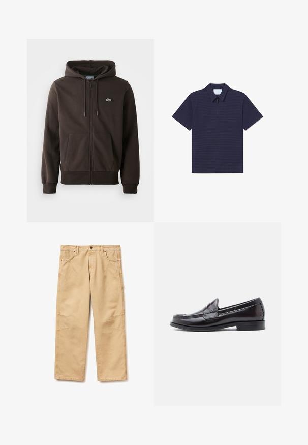 Brauner Reißverschluss-Hoodie aus weichem Material, mit Kapuze, zwei Fronttaschen und einem kleinen grünen Krokodil-Logo auf der Brust.; Marineblaues Polohemd mit kurzen Ärmeln und einem halben Reißverschluss am Kragen, strukturierter Stoff und subtil gemustertes geometrisches Design. Auf dem Kragen befindet sich ein Etikett mit der Aufschrift "LES DEUX."; Gerade geschnittene Arbeitshose mit Vorder- und Gesäßtaschen, verstärkten Nähten an den Knien und Knopfverschluss in der Taille.; Dunkelbraune Lederloafer mit glatter Oberfläche, niedrigem Absatz und dekorativen Nähten an der Spitze. Klassisches Design mit abgerundeter Silhouette.