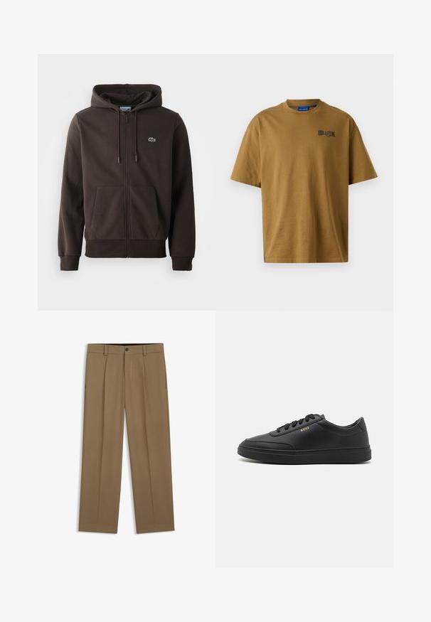Bruine zip-up hoodie van zacht materiaal, met een capuchon, twee voorzakken en een klein groen krokodillenlogo op de borst.; Bruine katoenen T-shirt met een ronde hals, korte mouwen en een klein zwart logo op de linkerkant van de borst. Vloeiende textuur.; Bruine rechte broek met riemlussen, knoop aan de voorkant en ritssluiting, plat liggend op een witte achtergrond.; Zwarte leren sneakers met een gladde textuur, ronde neus, platte rubberen zool en tonale veters. Kenmerkt zich door de gouden "BOSS" branding aan de zijkant.