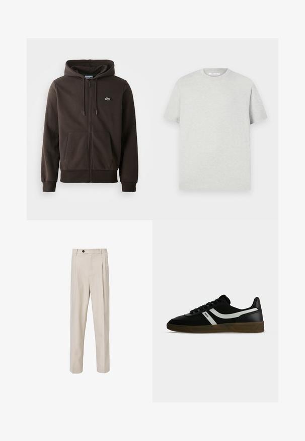Bruine zip-up hoodie van zacht materiaal, met een capuchon, twee voorzakken en een klein groen krokodillenlogo op de borst.; Lichtgrijze t-shirt met korte mouwen, gemaakt van zachte stof, met een ronde crewneck en een relaxed fit zonder zichtbare patronen of accenten.; Beige op maat gemaakte broek met een recht model, voorzien van voorplooien, een knoopsluiting en een gladde stofstructuur.; Zwarte lage sneaker met bruine zool, witte zijstrepen, zwarte veters en tekst "BOSS" aan de zijkant, getoond vanuit het buitenprofiel.