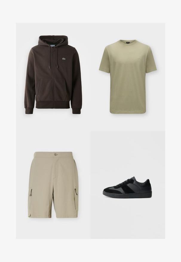 Brun zip-up hoodie lavet af blødt stof, med hætte, to forlommer og et lille grønt krokodillelogo på brystet.; Ensfarvet khakifarvet t-shirt med korte ærmer, rund hals og lille "BOSS" logo på venstre bryst.; Beige knælange shorts med knaplukning og lommer med lynlås på hver side, designet til afslappet eller udendørs brug.; Sorte sneakers med en kombination af glat læder og ruskind, med en tekstureret sort gummisål og subtil stripingdetalje.