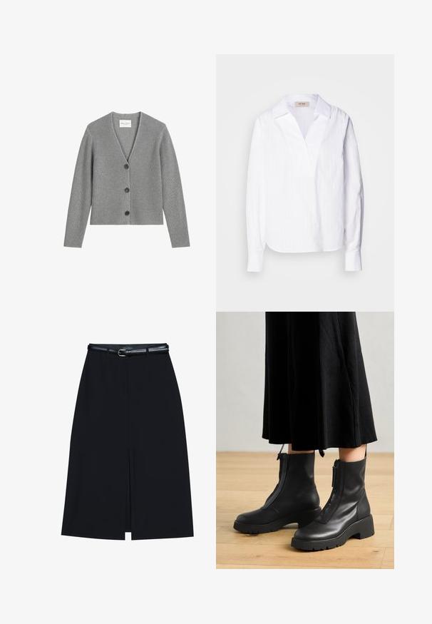 Cárdigan gris de canalé, hecho de material de punto suave, con cuello en V, mangas largas y tres botones negros en la parte delantera.; Camisa blanca de manga larga hecha de una tela ligera texturizada, con escote en V, cuello oversized y sutiles rayas verticales.; Falda negra hasta la rodilla con una abertura en la parte delantera, hecha de tejido suave. Presenta un delgado cinturón negro con una hebilla plateada y pasadores para el cinturón.; Botas de tobillo de cuero negro con suela de plataforma gruesa y cremallera delantera. Textura suave con un diseño minimalista.