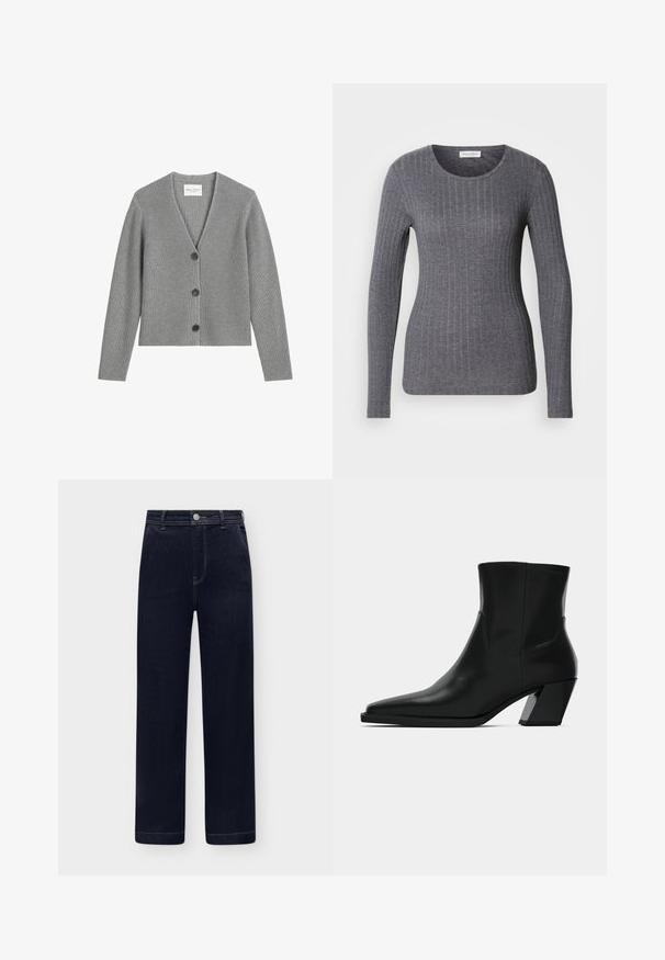 Grå ribbet cardigan lavet af blødt strikmateriale, med V-hals, lange ærmer og tre sorte knapper foran.; Langærmet top i mørkegrå, ribbet struktur, rund halsudskæring, tætsiddende design, lavet af blødt, strækbart stof.; Mørkeblå denimjeans med høj talje, lige ben, forlommer, knaplukning og bæltestropper på en lys baggrund.; Sortlæder ankelstøvle med spids tå, en slank silhuet og en kraftig firkantet hæl. Glat tekstur med minimale stikninger.