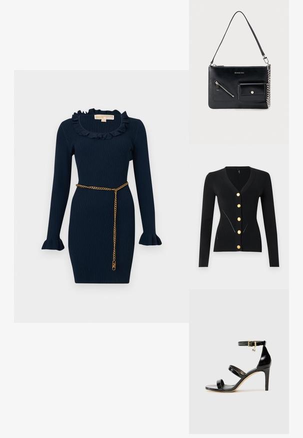 Zwart aansluitend vest met lange mouwen, V-hals en vijf grote gouden knopen aan de voorkant.; Marineblauwe geribbelde gebreide jurk met lange mouwen, ruches aan de halslijn en manchetten, slim fit en een dunne gouden kettingriem in de taille.; Zwarte gepatineerde leren sandaal met drie banden, enkelgesp en 10 cm hoge stiletto hak. Bevat gouden hardwaredetails en een logo charm.; Zwarte leren schoudertas van Michael Kors met een bovenste rits, een diagonale voorzak met rits, een klepzak met drukknop en een zilverkleurig kettinkdetail.