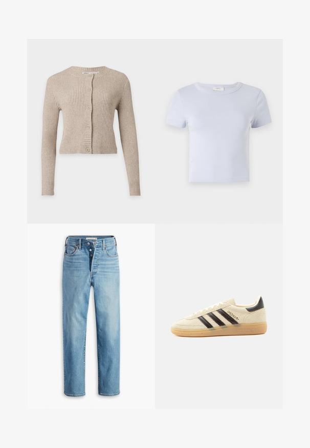 Cardigan beige en maille côtelée avec manches longues, col rond et cinq boutons sur le devant.; T-shirt bleu clair à manches courtes avec un col rond, fabriqué en tissu doux ; présente une coupe ajustée et de subtils détails de couture.; Jean en denim bleu clair avec braguette à boutons, jambes droites, cinq poches et légère décoloration. Des rivets en cuivre et des détails de couture sont visibles.; Baskets en daim crème avec des rayures noires, semelle en gomme, languette noire au talon et texte doré "SPEZIAL" sur le côté.