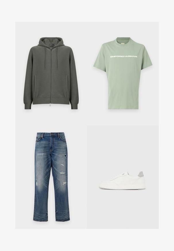 Sweat à capuche zippé en tissu doux de couleur vert foncé, avec une capuche, deux poches latérales et un motif discret en relief sur toute la surface. Détail de la fermeture éclair en argent inclus.; T-shirt vert clair à manches courtes avec col rond et logo EMPORIO ARMANI blanc sur la poitrine, présenté sur un fond uni.; Jeans en denim bleu avec une coupe décontractée, comprenant des patchs usés et un délavage. Ils possèdent des poches classiques et des coutures apparentes.; Baskets basses blanches avec un onglet de talon gris, des lacets blancs et une semelle texturée, présentées sur un fond uni clair.