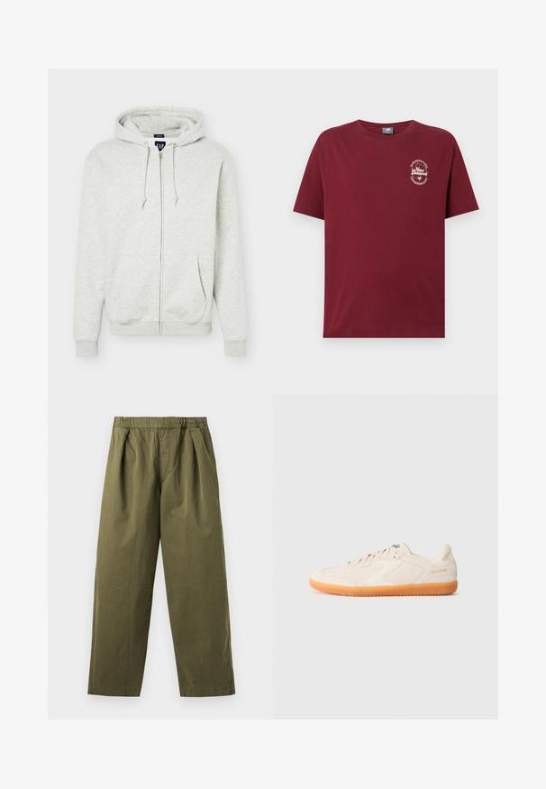 Sweat à capuche zippé gris clair avec poches avant, capuche avec cordon, poignets et ourlet côtelés, présenté sur un fond uni.; T-shirt bordeaux à manches courtes et col rond avec un petit logo blanc New Balance et le texte "New Balance, Boston Massachusetts" sur le côté gauche de la poitrine.; Pantalon large vert olive avec une taille élastique et des plis sur le devant, présenté sur un fond clair.; Baskets de sport beige clair avec une tige en daim, des accents blancs et une semelle en caoutchouc orange. Présente un design à lacets et un logo sur le côté.