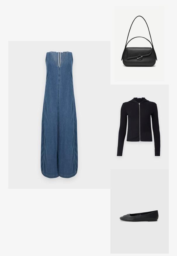 Sort ribbet zip-hoodie lavet af strækstof, med lange ærmer, et tætsiddende design og en lille hætte. Lynlåsen går fra nakken til kanten.; Denim ærmeløs kjole med dyb V-udskæring, fuld længde og sidesamlinger. Afsluttet med rene kanter og en central knapstolpe.; Sort læder balletflad med en glat tekstur, afrundet tå og subtil dekorativ detaljering foran. Lav flad hæl.; Sort læderhåndtaske med afrundede kanter, asymmetrisk klap, metalcirkulært spænde samt både korte og lange skulderstropper.