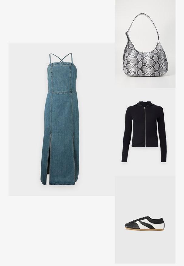 Must have ribadeega mustast venivast kangast, millel on pikad varrukad, keha külge liibuv disain ja väike kapuuts. Tõmblukk ulatub kaelast hemni.; Denimkleit, millel on sobiv korpus, reguleeritavad risti seljatoed ja külglook. Tal on keskmine sinine pesu ja sirge siluett.; Mustvalge nahast toss, millel on kõverdunud disain, tekstuuriga must varbakork ja kummist pruun konts. Paeltega kinnituv.; Mustvalge madude mustriga õlakott, ümar kuju, sile tekstuur ja kõver rihm. Omab hõbedast aksessuaari.