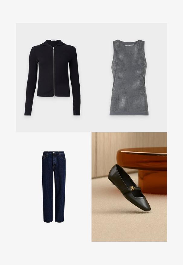 Sort ribbet zip-hoodie lavet af strækstof, med lange ærmer, et tætsiddende design og en lille hætte. Lynlåsen går fra nakken til kanten.; Grå ærmeløs top med rund hals, der har et struktureret mønster af små huller og sølvdetaljer i stoffet.; Mørkeblå denim jeans med lige ben-design, der har høj talje, fem-lomme-stil og kontrastsyninger. Ingen dekorationer.; Sort læder flad sko med spids tå og gyldent CK-logo på rem, placeret på beige tæppe nær et rundt ravbrunt bord.