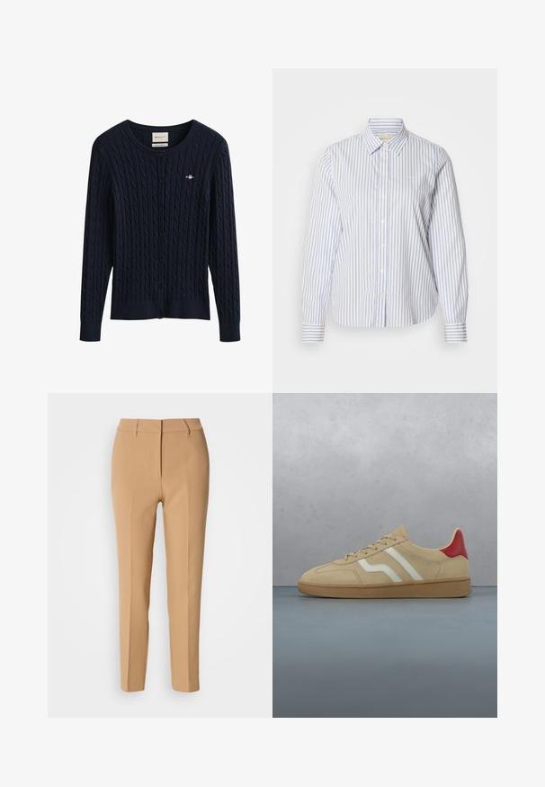 Mørkeblå kabelstrikket cardigan med knapper, lange ærmer og en lille broderet logo på brystet.; Blå- og hvidstribet skjorte med knapper, klassisk krave, lange ærmer og en lige kant. Stoffet har en glat tekstur.; Beige skræddersyede bukser lavet af glat stof, med flad front, bæltestropper og to sidelommer; slim fit med lige ben design.; Beige ruskindssneaker med rød hældetalje, hvide striber og en tekstureret tanfarvet gummisål. Har snørebånd og glat inderside.