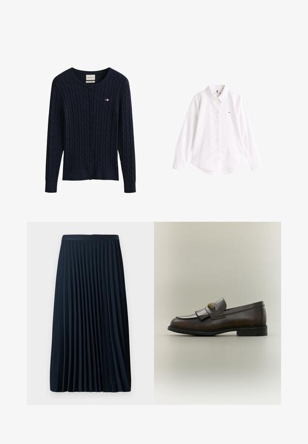 Cárdigan de punto con diseño de cable en azul marino, con botones, mangas largas y un pequeño logo bordado en el pecho.; Camisa blanca de algodón con cuello clásico, mangas largas y dobladillo curvado. Presenta un pequeño logo de color en el pecho.; Falda plisada azul marino con una cinturilla texturizada, hecha de una tela suave, que presenta pliegues verticales espaciados uniformemente y un diseño de longitud a media pantorrilla.; Mocasín de cuero marrón oscuro con detalle de flecos y hebilla dorada en suela negra, mostrado de lado sobre un fondo neutro.
