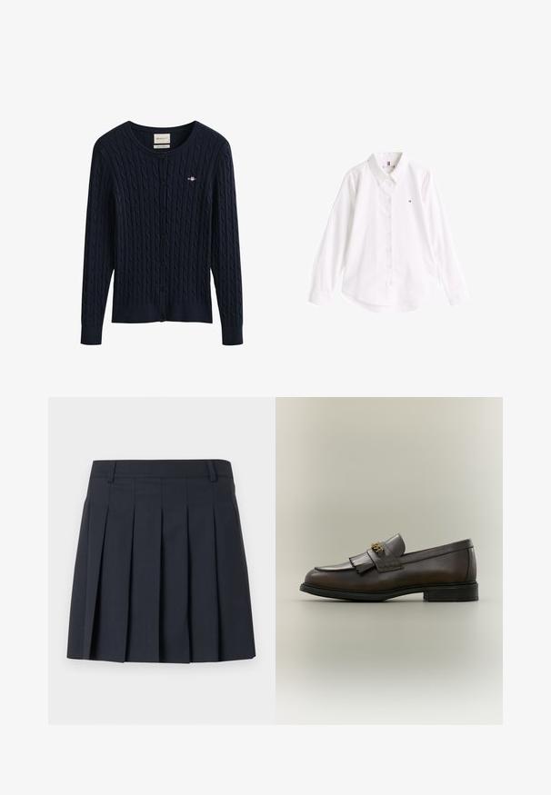 Navy blauwe kabelgebreide cardigan met knopen, lange mouwen en een klein geborduurd logo op de borst.; Witte button-up shirt van katoen met een klassieke kraag, lange mouwen en een afgeronde zoom. Heeft een klein gekleurd logo op de borst.; Donkerblauwe geplooide rok met een platte tailleband, gemaakt van gladde stof. Heeft meerdere verticale plooien en een getailleerd ontwerp.; Donkerbruine leren loafer met franjes en gouden gesp op zwarte zool, gezien van opzij tegen een neutrale achtergrond.