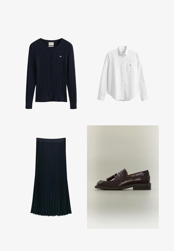 Mørkeblå kabelstrikket cardigan med knapper, lange ærmer og en lille broderet logo på brystet.; Hvid langærmet skjorte med knapper, krave og brystlomme med lille broderet logo på ensfarvet baggrund.; Plisseret nederdel i mørk marineblå stof, med en glat talje og lodrette plisseringer for tekstur og bevægelse, samt en svømmede silhuet.; Mørkebrun læderloafer med frynser, lav hæl og synet sål, vist fra siden på en neutral baggrund.