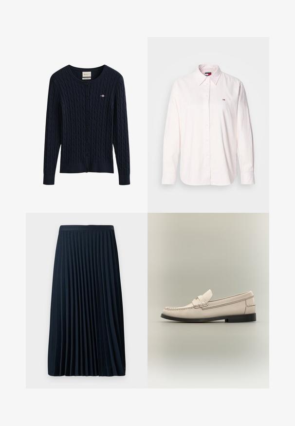 Cárdigan de punto con diseño de cable en azul marino, con botones, mangas largas y un pequeño logo bordado en el pecho.; Camisa de boton de manga larga rosa claro, hecha de algodón, con un collar clásico y un pequeño logotipo de la marca en el lado izquierdo del pecho.; Falda plisada azul marino con una cinturilla texturizada, hecha de una tela suave, que presenta pliegues verticales espaciados uniformemente y un diseño de longitud a media pantorrilla.; Mocasín de cuero beige para hombre con suela negra y detalle decorativo de correa sobre fondo gris claro.