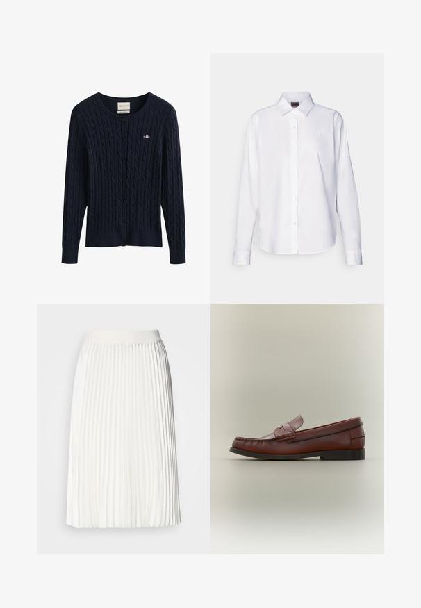 Navy blauwe kabelgebreide cardigan met knopen, lange mouwen en een klein geborduurd logo op de borst.; Witte langärmelige overhemd met knopen, gemaakt van katoen. Bevat een klassieke kraag en subtiele gebrandmerkte borduursels op de borst. Soepele textuur.; Plissé witte rok met een gladde tailleband, knielange ontwerp, met een vloeiende textuur en constante verticale plooien.; Bruine leren herenslipper met zwarte zool en decoratieve band, zijaanzicht op een neutrale achtergrond.