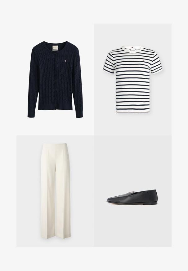 Mørkeblå kabelstrikket cardigan med knapper, lange ærmer og en lille broderet logo på brystet.; Hvid kortærmet T-shirt med rund hals, horisontale marineblå striber og et lille rødt, hvidt og marineblåt logo på brystet.; Hvide brede bukser lavet af et glat stof med frontfolder. Designet med en høj talje og en ren finish.; Sorte læderloafers med en glat tekstur, rundet tå og subtile syningsdetaljer. Har en guldfarvet logoaccent på oversiden.