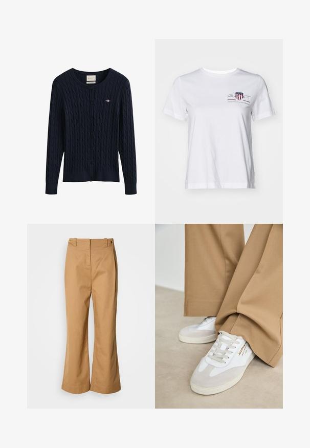 Navy blauwe kabelgebreide cardigan met knopen, lange mouwen en een klein geborduurd logo op de borst.; Witte katoenen t-shirt met korte mouwen, ronde hals en een rood en blauw geborduurd logo aan de linkerkant. Fijne textuur, ontspannen pasvorm.; Wijd uitlopende broek van beige katoenen stof, met een hoge taille, twee gouden knopen en een gladde textuur. Geen zichtbare patronen of accenten.; Witte sneakers met suède accenten, gestructureerde veters en een rubberen zool. Gecombineerd met losse beige broek. Logo zichtbaar aan de zijkant.