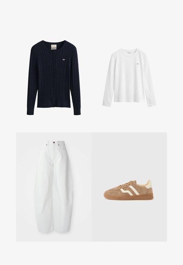 Cárdigan de punto con diseño de cable en azul marino, con botones, mangas largas y un pequeño logo bordado en el pecho.; Camiseta blanca de manga larga con cuello redondo, pequeño logotipo bordado en el pecho izquierdo y una etiqueta visible dentro del cuello.; Pantalones de mezclilla blancos de tiro alto con un corte holgado. Presentan un cierre de botón, bolsillos laterales y un diseño minimalista. Textura suave.; Zapatilla deportiva de ante marrón con franjas blancas de acento, puntera redonda, interior beige y suela de goma. Cordones con superficie texturizada.