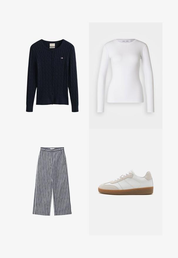 Mørkeblå kabelstrikket cardigan med knapper, lange ærmer og en lille broderet logo på brystet.; Hvid langærmet skjorte lavet af ribbet stof, med runde udskæring og tætsiddende pasform. Ingen mønstre eller accenter er til stede.; Bredde bukser i marineblå linned med hvide lodrette striber, der har to forlommer og en knaplukning i taljen.; Hvide lædersneakers med beige ruskindsdetaljer, struktureret tunge og gummisål. Har hvide snørebånd og diskrete stikninger.