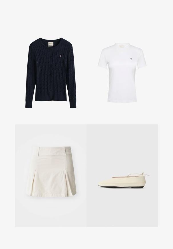 Mørkeblå kabelstrikket cardigan med knapper, lange ærmer og en lille broderet logo på brystet.; Hvid T-shirt med korte ærmer i blødt stof med rund halsudskæring. Har en lille sort "ck"-logo på venstre bryst. Klassisk pasform.; Lys beige bomuldsnederdel med en tætsiddende talje, plisseret design og lige kant, som har en glat tekstur uden synlig hardware.; Cremefarvede flade sko med rund tå, ankelrem og kontrasterende sort gummisål. Glat materiale med minimal detaljer.