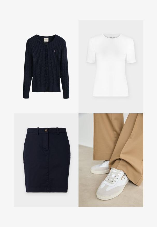 Mørkeblå kabelstrikket cardigan med knapper, lange ærmer og en lille broderet logo på brystet.; Hvid T-shirt med rund hals, korte ærmer, slank pasform og ribbet stofstruktur, vist på en ensfarvet lys grå baggrund.; Marineblå bomuldsnederdel med tætsiddende pasform, der har knaplukning, bæltestropper og en ren kant. Glat tekstur uden synlige mønstre.; Hvide sneakers med ruskinddetaljer, strukturerede snørebånd og gummisål. Kombineret med løse, brune bukser. Logoet er vist på siden.