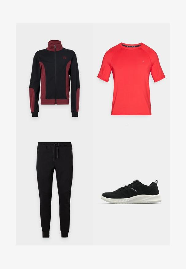Veste de sport noire et bourgogne avec un col haut, fermeture éclair complète, tissu texturé et poignets élastiques. Présente un logo sur la poitrine.; T-shirt de sport rouge à manches courtes avec un col rond, présentant des manches raglan et un petit logo sur le devant.; Pantalon de jogging noir fuselé avec taille élastique, cordon de serrage, poches latérales zippées et poignets côtelés aux chevilles.; Chaussures de sport noires avec un dessus en maille texturée, semelle blanche contrastante et design incurvé. Présente un système de laçage et un détail de logo.