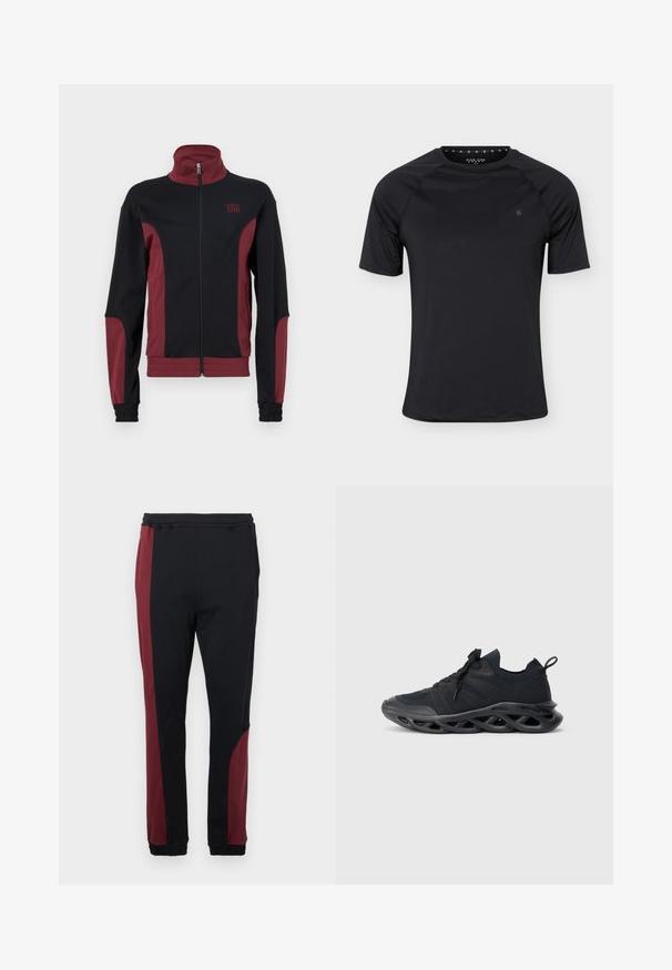 Sort og bordeaux sportjakke med høj krave, fuld lynlås, struktureret stof og elastiske manchetter. Har et logo på brystet.; Sort sport T-shirt med korte ærmer og rund halsudskæring med lille logo på venstre bryst, vist på ensartet lyst baggrund.; Sorte joggers med en bordeaux sidepanel, elastisk talje og manchetter. Lavet af et glat, strækbart stof for komfort.; Sort atletiksneaker med mesh-overdel, snørelukning og tyk skulptureret sål med åbne geometriske udskæringer.
