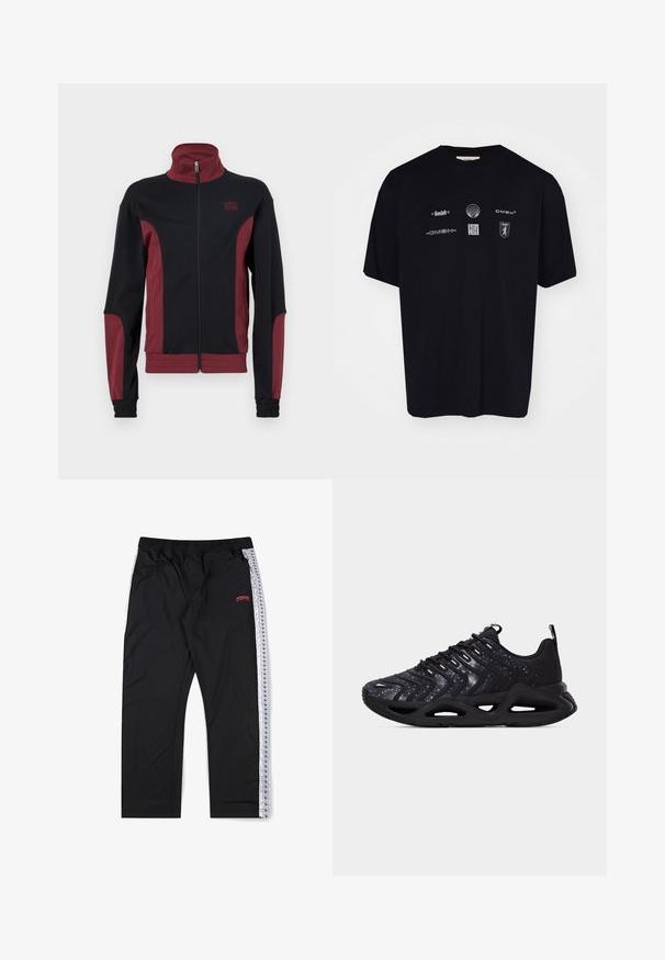 Mustmust mustkott, millel on kõrge krae, täispikk tõmblukk, tekstuuriga kangas ja elastsed mansetid. Rinnal on üksikasjalik logo.; Musthave musta puuvillane T-särk, mille esiküljel on mitmesuguseid valgeid logo ja sümboleid, klassikalise ümarate kaelustega ja lühikeste varrukatega.; Mustad spordipüksid valgete küljeribadega, millel on väike korduv logo muster ja vasakul reiel punane tikitud tekst.; Must spordijalats galaktika mustriga, zikk-zakk ülekatteid, paksult kujundatud tald ja paeltega kinnitamine ees heleda lihtsa tausta peal.