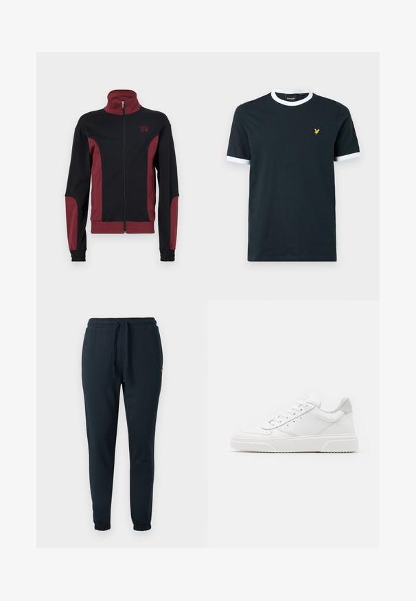 Veste de sport noire et bourgogne avec un col haut, fermeture éclair complète, tissu texturé et poignets élastiques. Présente un logo sur la poitrine.; T-shirt en coton bleu marine avec col et bords de manches en rigide blanc. Présente un petit logo brodé jaune sur la poitrine gauche.; Pantalon de survêtement bleu foncé en mélange de coton, doté d'une taille élastique avec cordon de serrage et de chevilles côtelées. Petit détail logo jaune.; Des baskets en cuir blanc avec une finition lisse, un bout rond, des lacets plats et une semelle texturée. Accents en daim gris au niveau du talon.